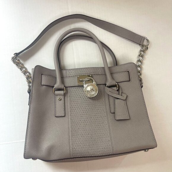 Michael Kors Hamilton EW Micro Stud Stripe Grey Leather Handbag - Picture 1 of 12